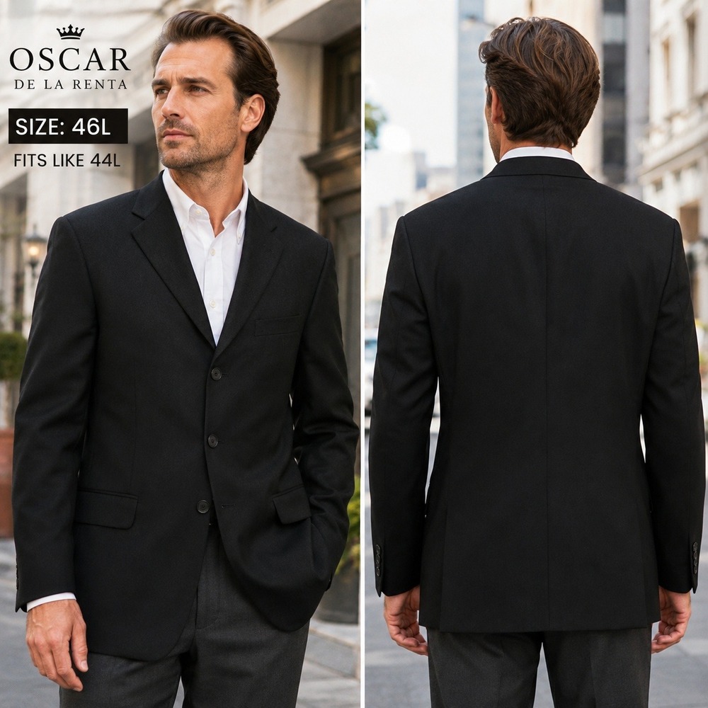 Oscar de la Renta Mens Black 100% Wool 3 Button Blazer Sport Coat 46L Fits 44L